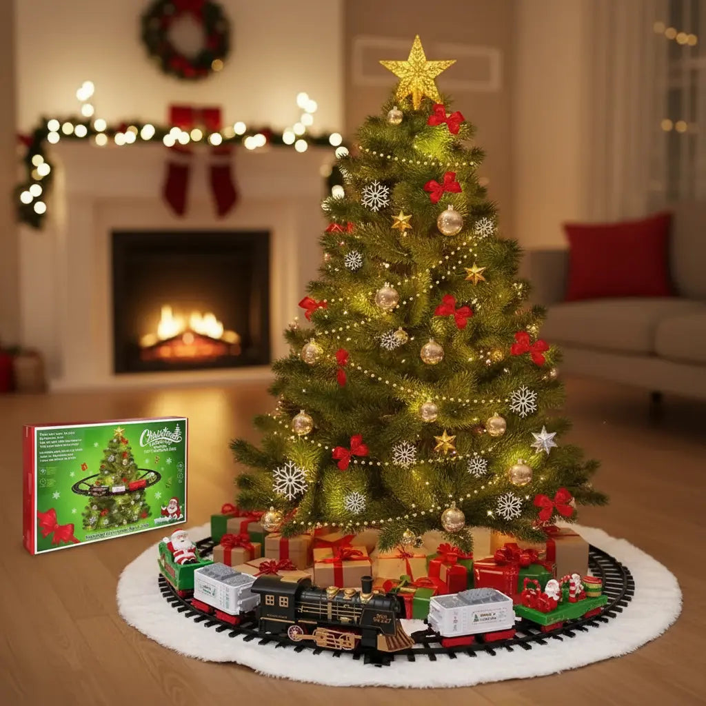 TREN DECORATIVO NAVIDAD COLGANTE O PISO 4 VAGONES CON LUCES Y SONIDO PVC