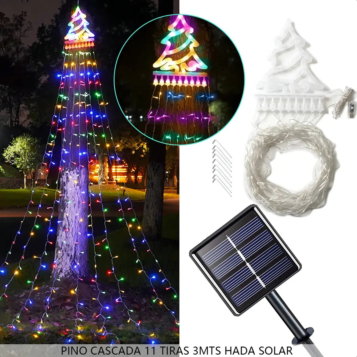 LUCES CORTINA MULTICOLOR SOLAR ÁRBOL DE NAVIDAD 300 LED - 3 METROS - 8 FUNCIONES
