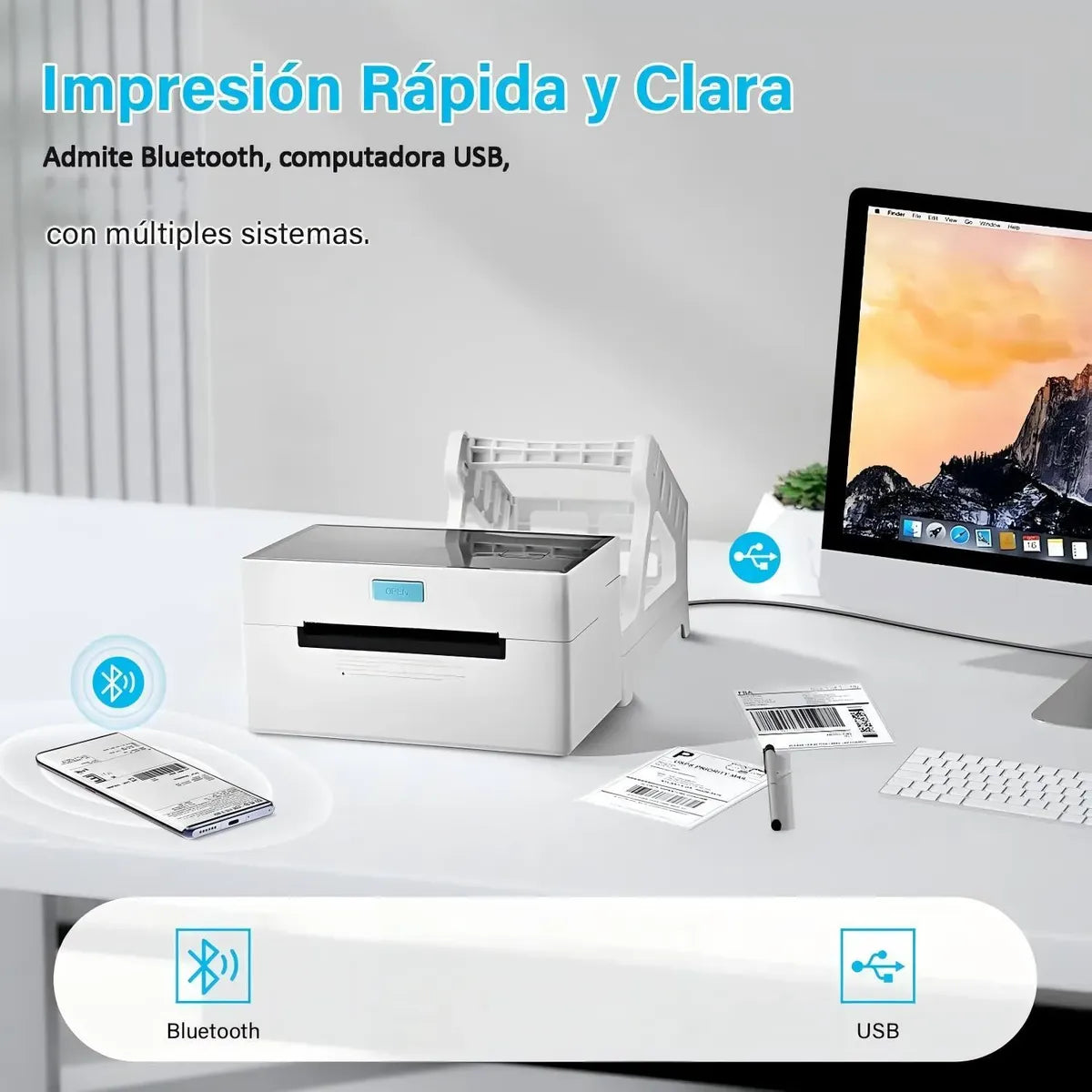 IMPRESORA PORTÁTIL TÉRMICA DE ETIQUETAS BLUETOOTH + USB CON SOPORTE