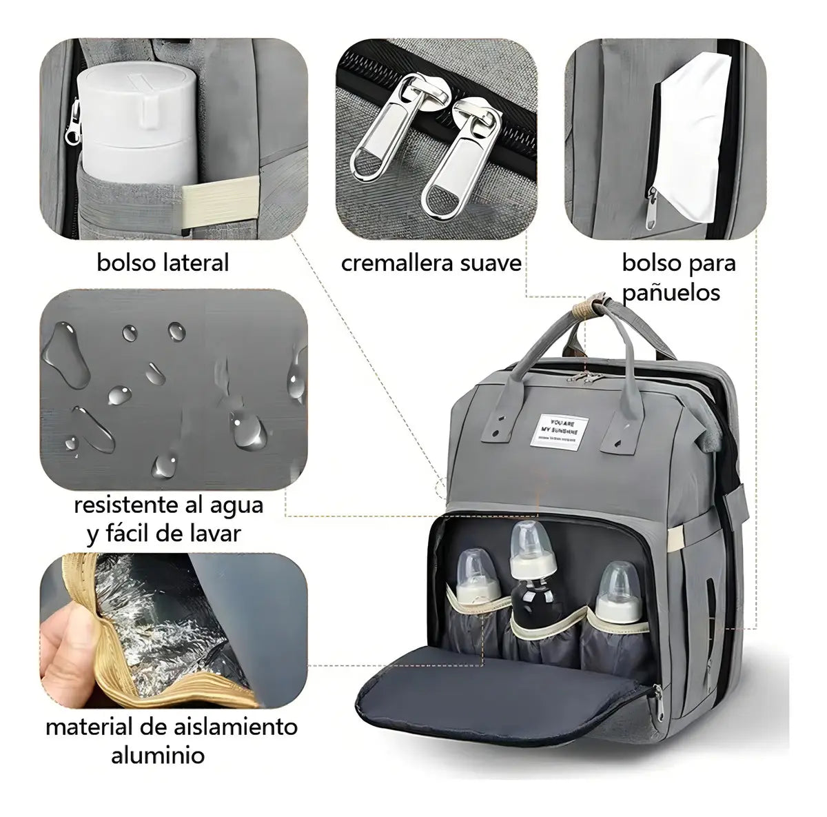 MOCHILA PAÑALERA 3 EN 1 CUNA Y MUDADOR PORTÁTIL IMPERMEABLE GRIS
