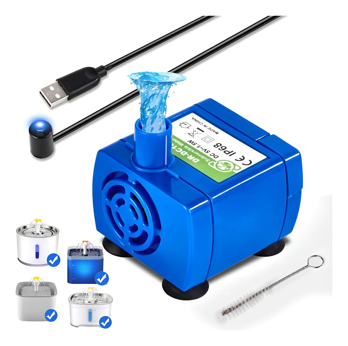 BOMBA DE AGUA USB SUMERGIBLE PARA MASCOTAS CON LUZ LED AZUL