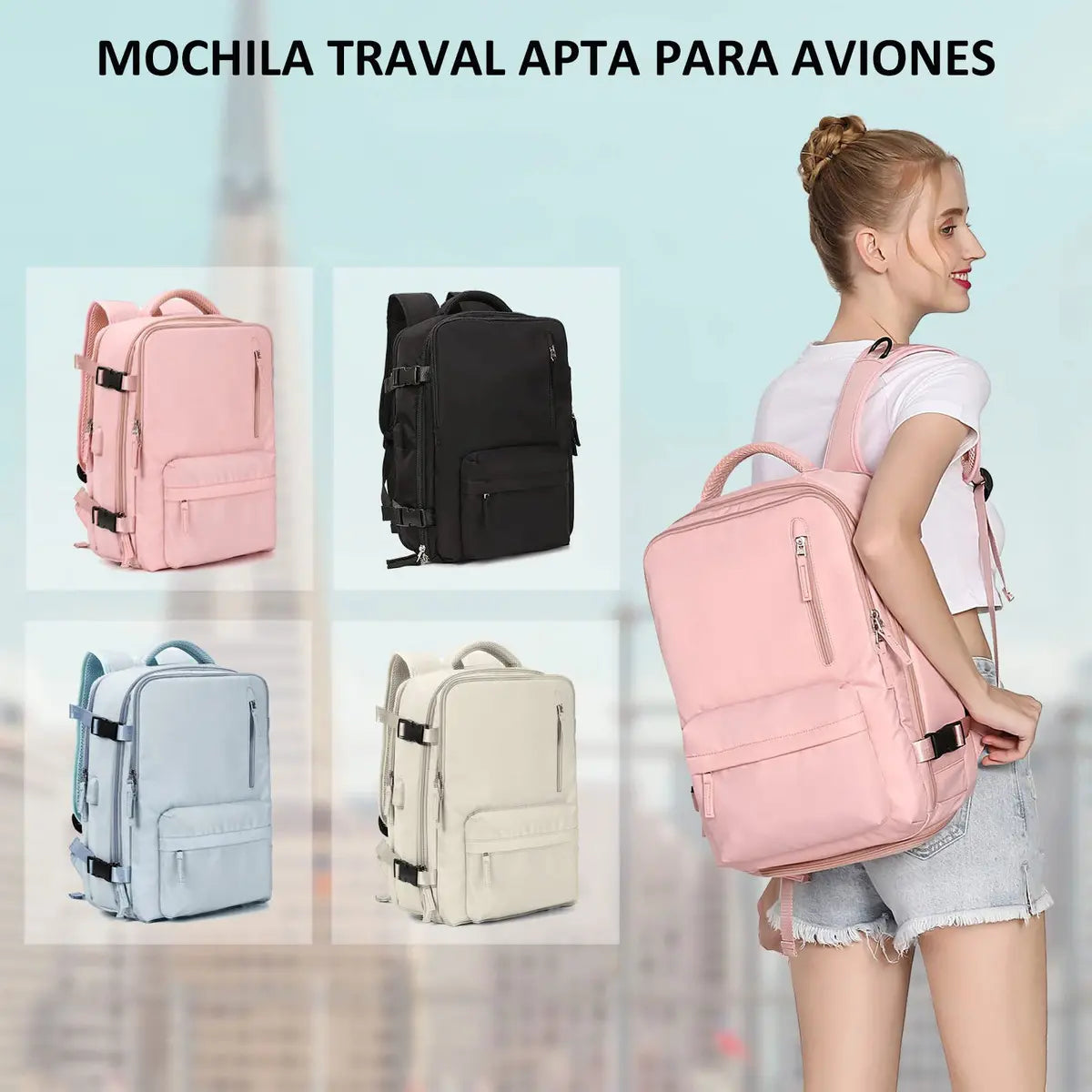 MOCHILA DE VIAJE GRAN CAPACIDAD USB PUERTO ROSA DISEÑO LISO