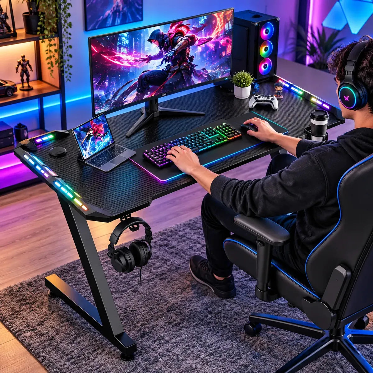 ESCRITORIO GAMER 120 CM CON ILUMINACIÓN LED RGB