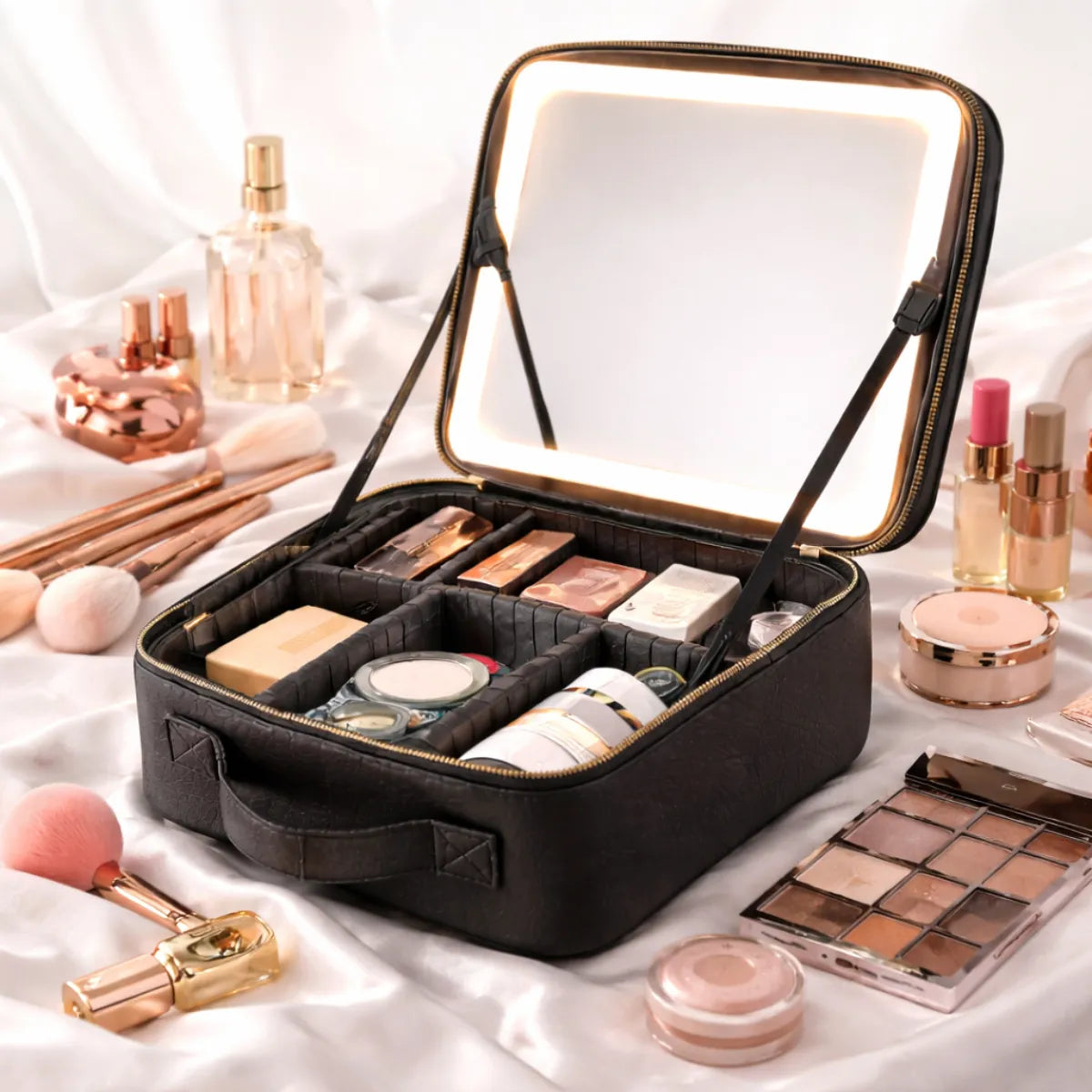 MALETA ORGANIZADORA DE MAQUILLAJE PORTÁTIL CON ESPEJO LED - COLOR NEGRO