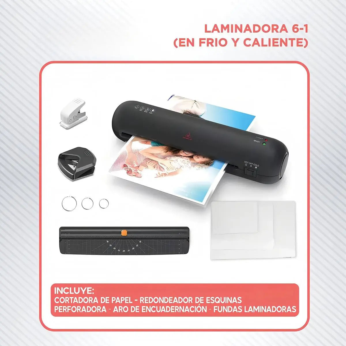 TERMOLAMINADORA 6 EN 1 COLOR NEGRA + ACCESORIOS + 100 LÁMINAS A4