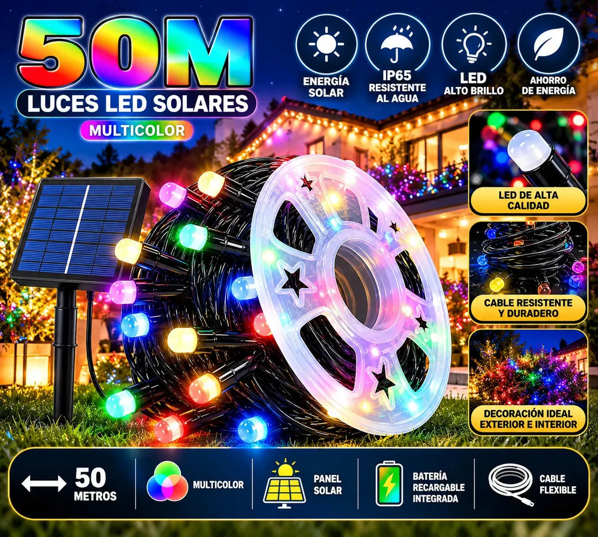 ROLLO DE LUCES LED SOLARES MULTICOLOR 50 METROS - 300 LED PARA EXTERIOR E INTERIOR