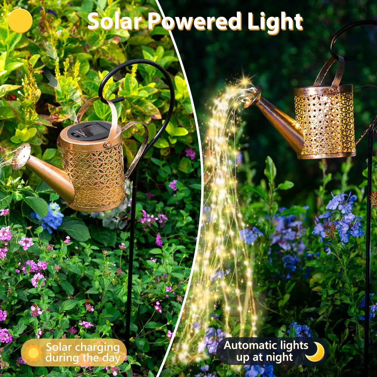 REGADERA SOLAR LED DECORATIVA PARA JARDÍN - IMPERMEABLE COLOR DORADO