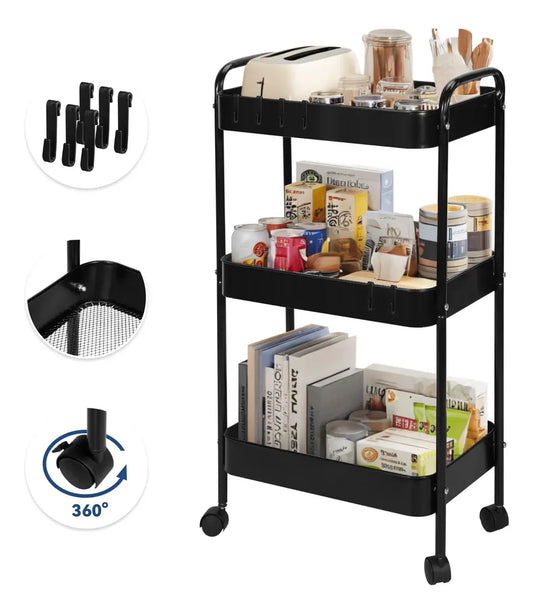 CARRITO 3 NIVELES CON RUEDAS BLOQUEABLES- NEGRO