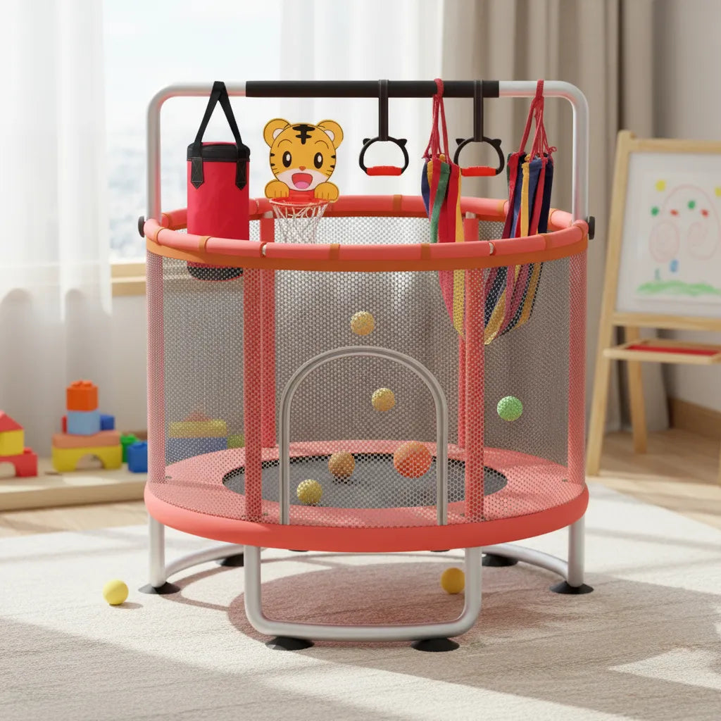 CAMA ELÁSTICA SALTARINA INFANTIL 150CM CON BARRA Y JUGUETES- COLOR ROJO