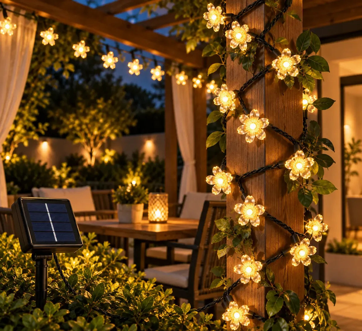 GUIRNALDA SOLAR DE FLORES LED LUZ CÁLIDA 30 LUCES PARA JARDÍN Y EXTERIOR