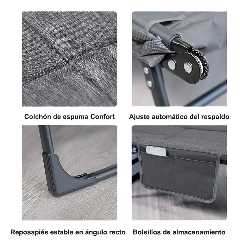 CAMA CATRE OUTDOOR PLEGABLE ACOLCHADO GRIS PORTÁTIL Y RESISTENTE