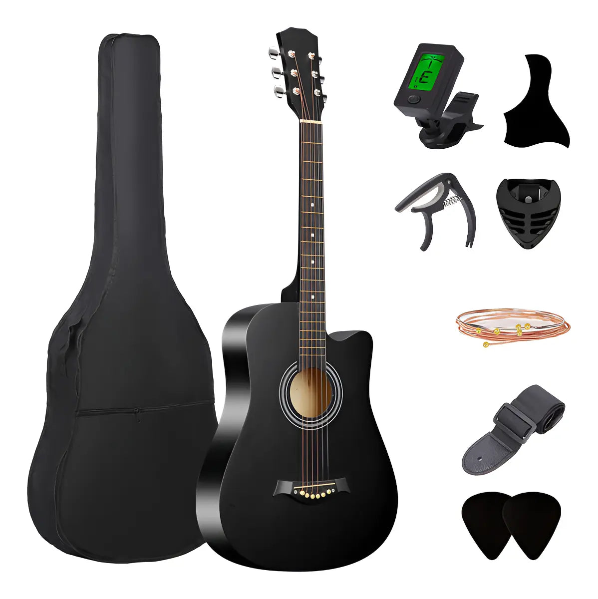 GUITARRA ACÚSTICA NEGRA 38" + KIT COMPLETO (8 ACCESORIOS)