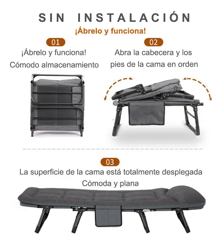 CAMA CATRE OUTDOOR PLEGABLE ACOLCHADO GRIS PORTÁTIL Y RESISTENTE