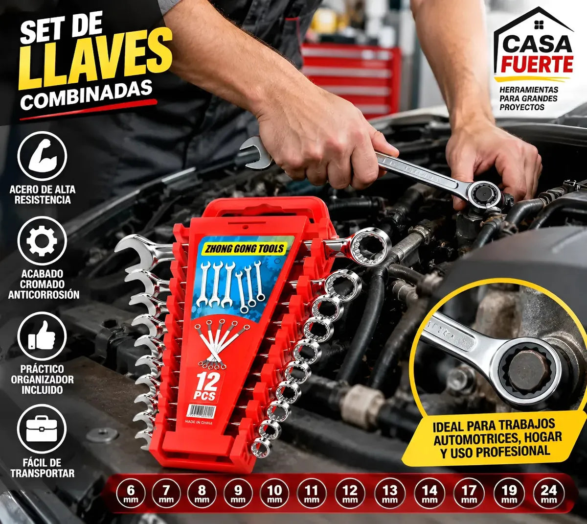 JUEGO DE LLAVES COMBINADAS 12 PIEZAS PUNTA CORONA