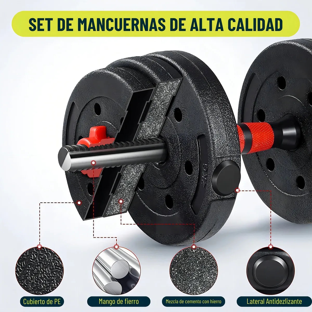 SET MANCUERNAS AJUSTABLES 20KG BARRA EXTENSIBLE DISCOS NEGROS FITNESS