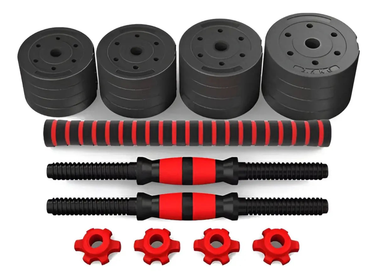 SET MANCUERNAS AJUSTABLES 20KG BARRA EXTENSIBLE DISCOS NEGROS FITNESS