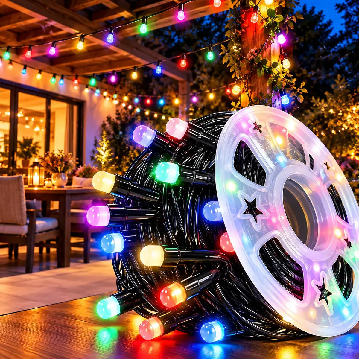 ROLLO DE LUCES LED SOLARES MULTICOLOR 50 METROS - 300 LED PARA EXTERIOR E INTERIOR
