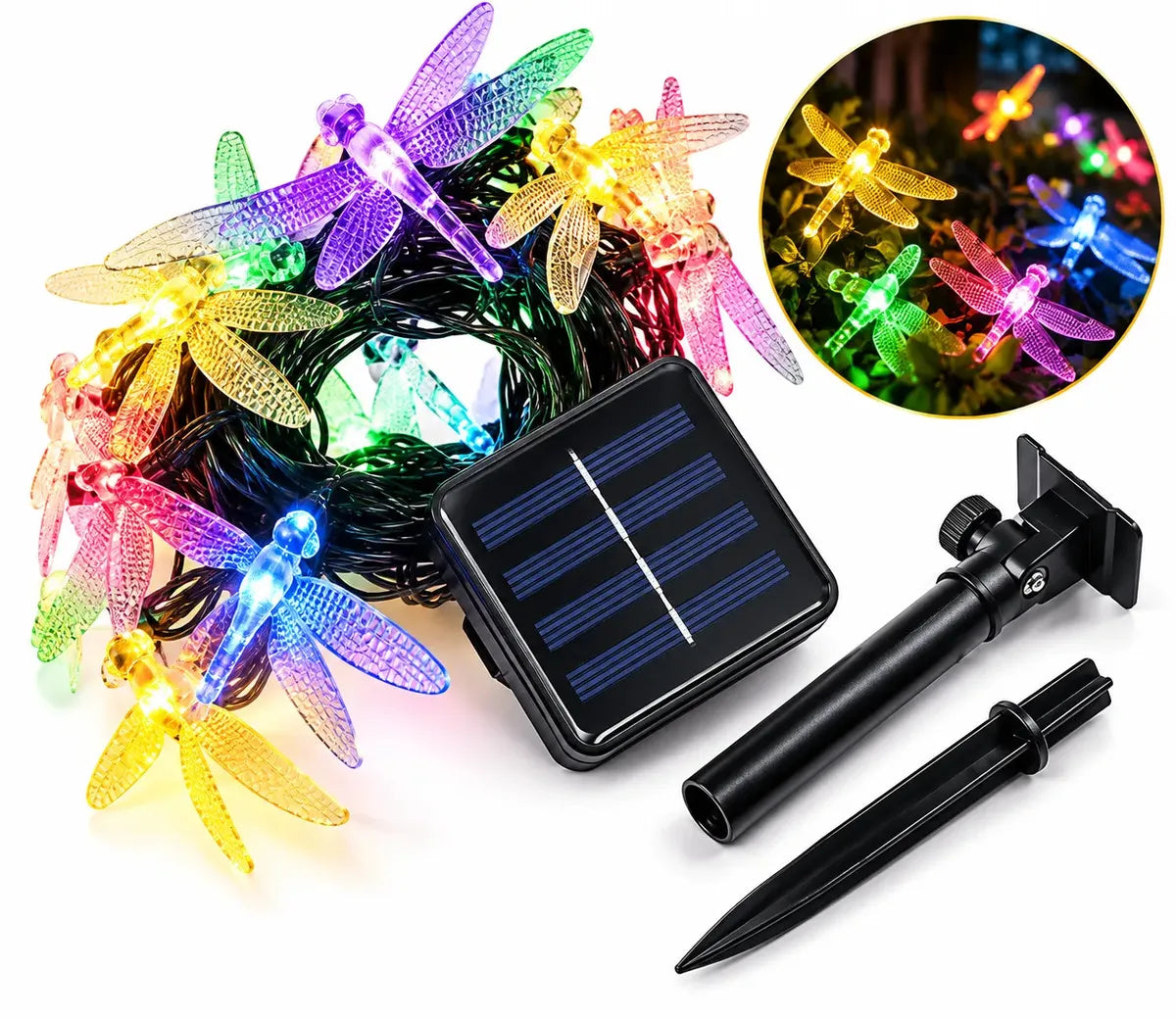 GUIRNALDA SOLAR LIBÉLULAS MULTICOLOR 60 LED 5 METROS