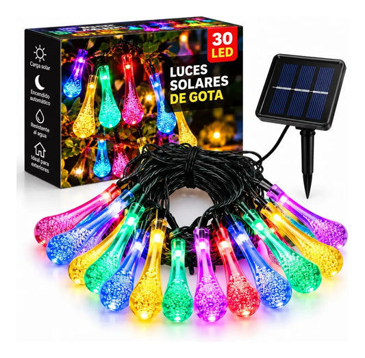 LUCES GUIRNALDA SOLAR MULTICOLOR 30 LED 6 M DECORACIÓN EXTERIOR