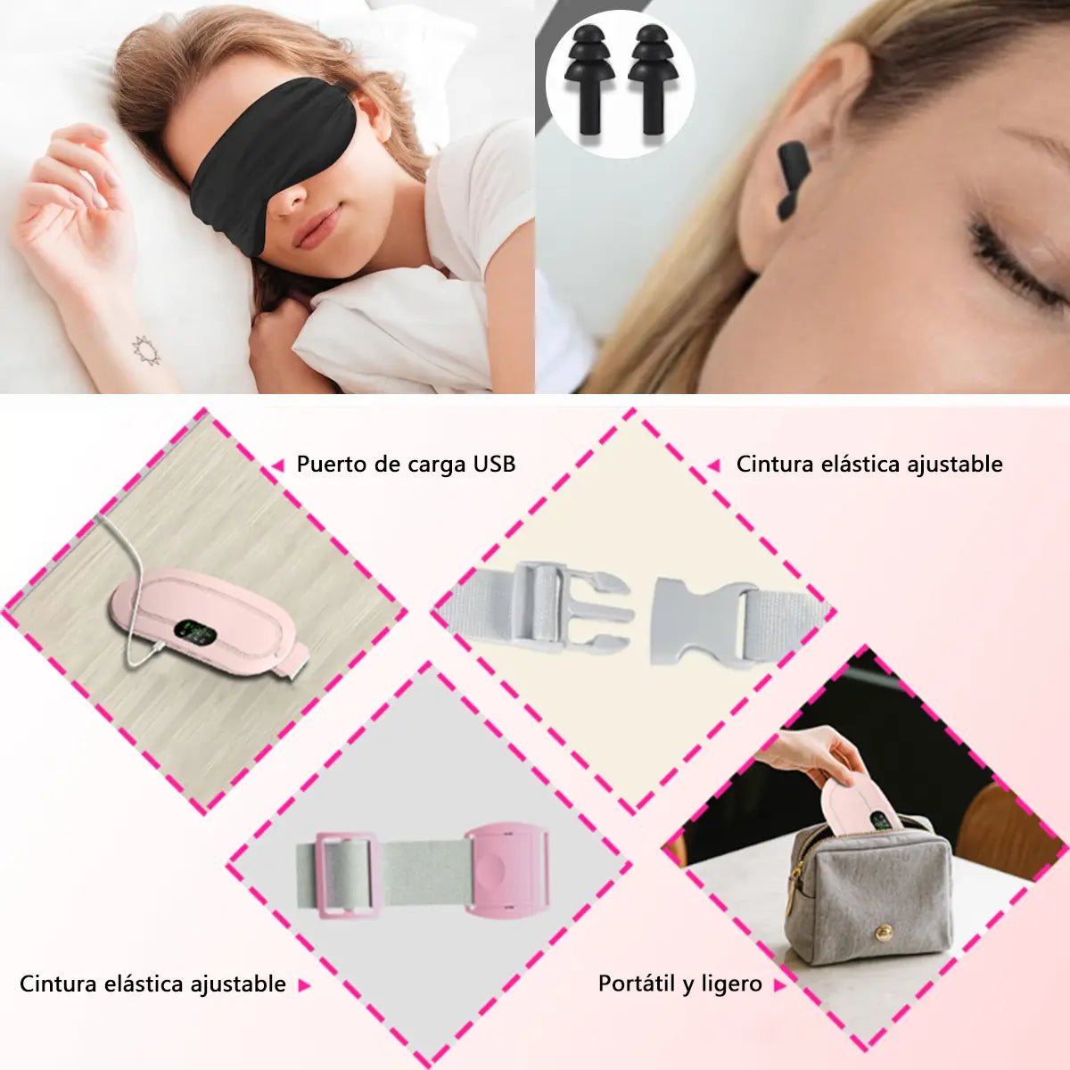 PACK CINTURÓN PARA DOLOR MENSTRUAL CON CALOR + ANTIFAZ PARA DORMIR 3D
