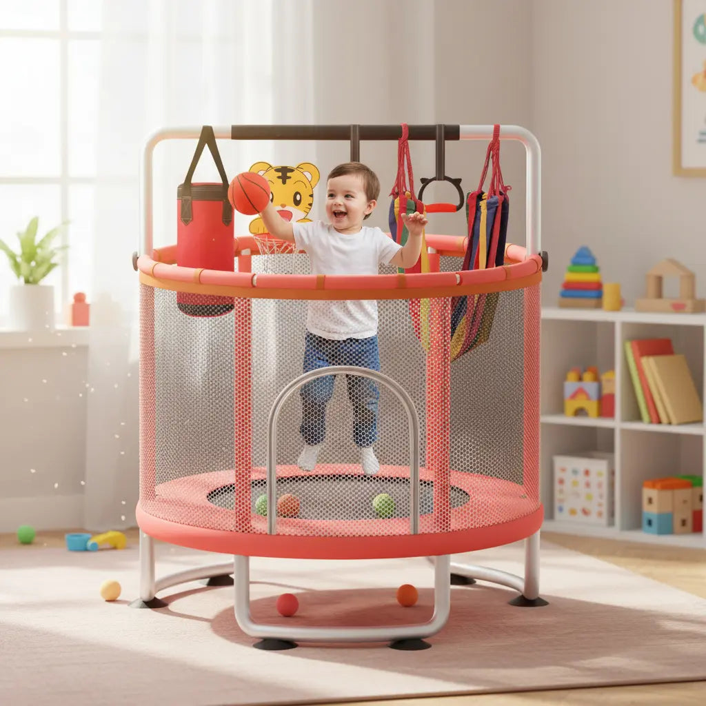 CAMA ELÁSTICA SALTARINA INFANTIL 150CM CON BARRA Y JUGUETES- COLOR ROJO