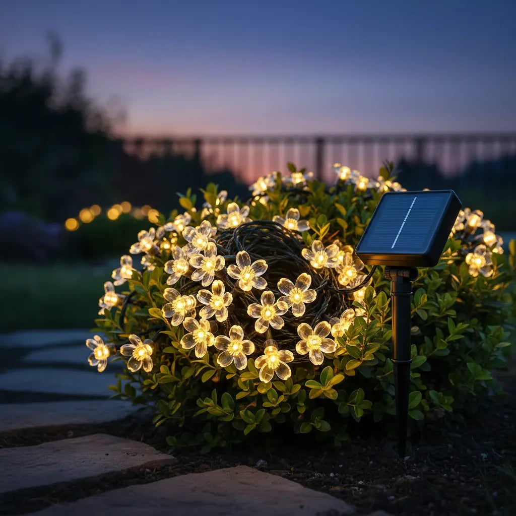 GUIRNALDA SOLAR DE FLORES LED LUZ CÁLIDA 30 LUCES PARA JARDÍN Y EXTERIOR