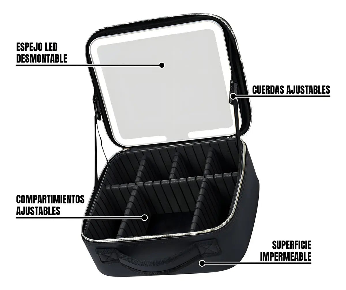 MALETA ORGANIZADORA DE MAQUILLAJE PORTÁTIL CON ESPEJO LED - COLOR NEGRO