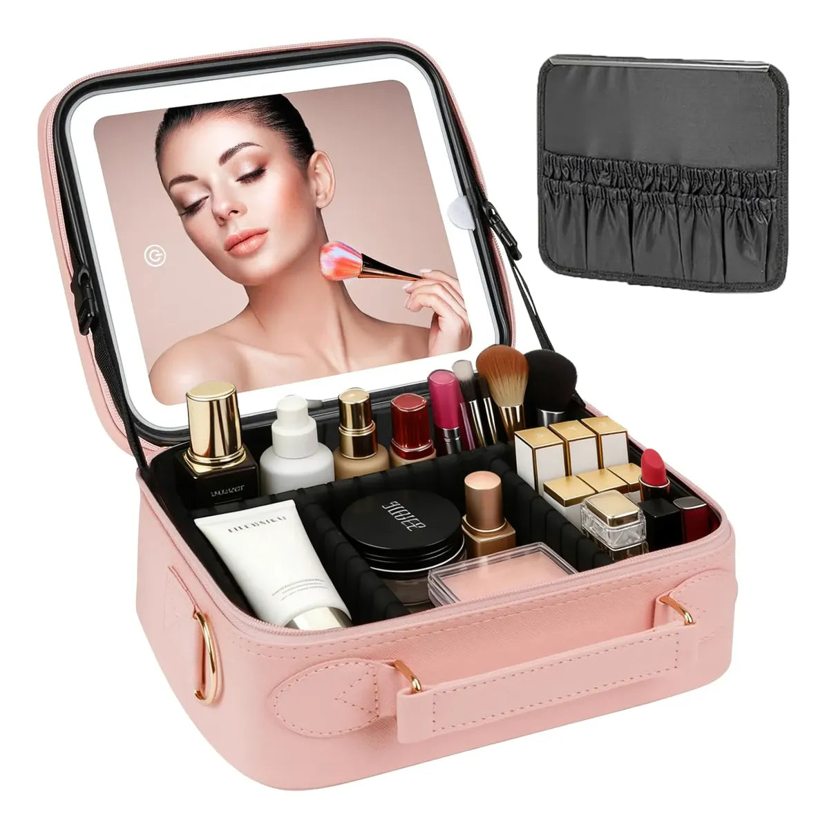 MALETA ORGANIZADORA DE MAQUILLAJE PORTÁTIL CON ESPEJO LED - ROSADO ELEGANTE