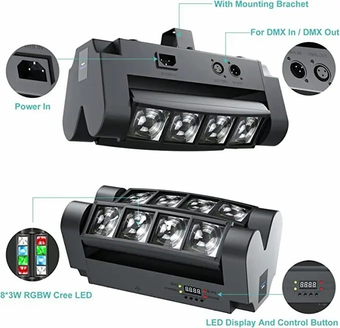 CABEZA MÓVIL LED SPIDER BEAM RGBW DMX 8X3W - LUZ DISCO PROFESIONAL