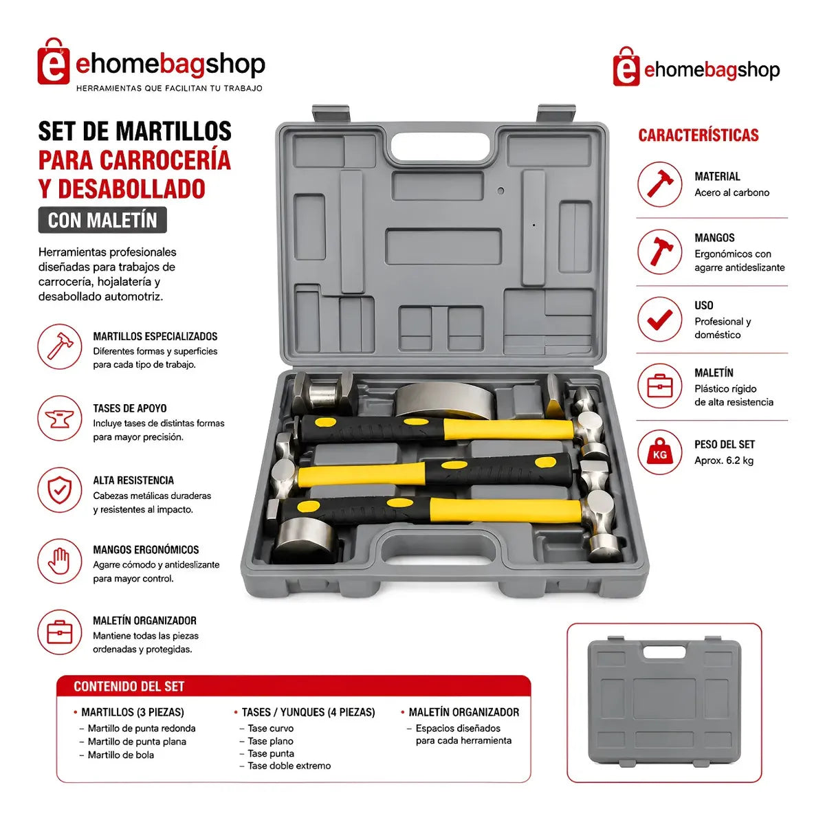 KIT DESABOLLADOR MARTILLO SET 7PIEZAS CON MALETÍN PARA REPARACIÓN DE CARROCERÍA