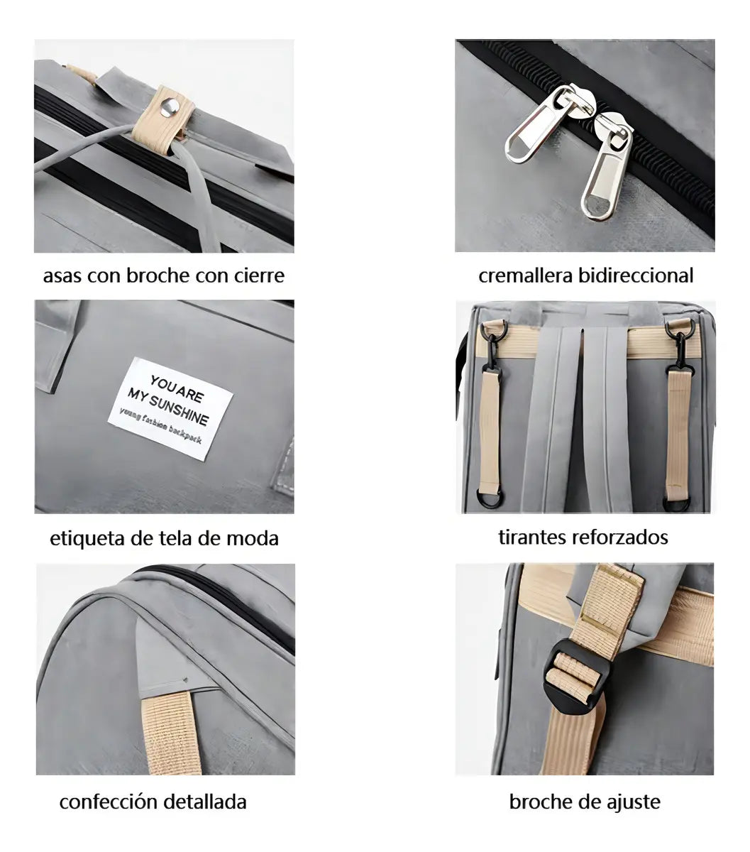 MOCHILA PAÑALERA 3 EN 1 CUNA Y MUDADOR PORTÁTIL IMPERMEABLE GRIS