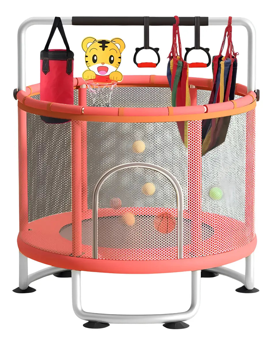 CAMA ELÁSTICA SALTARINA INFANTIL 150CM CON BARRA Y JUGUETES- COLOR ROJO