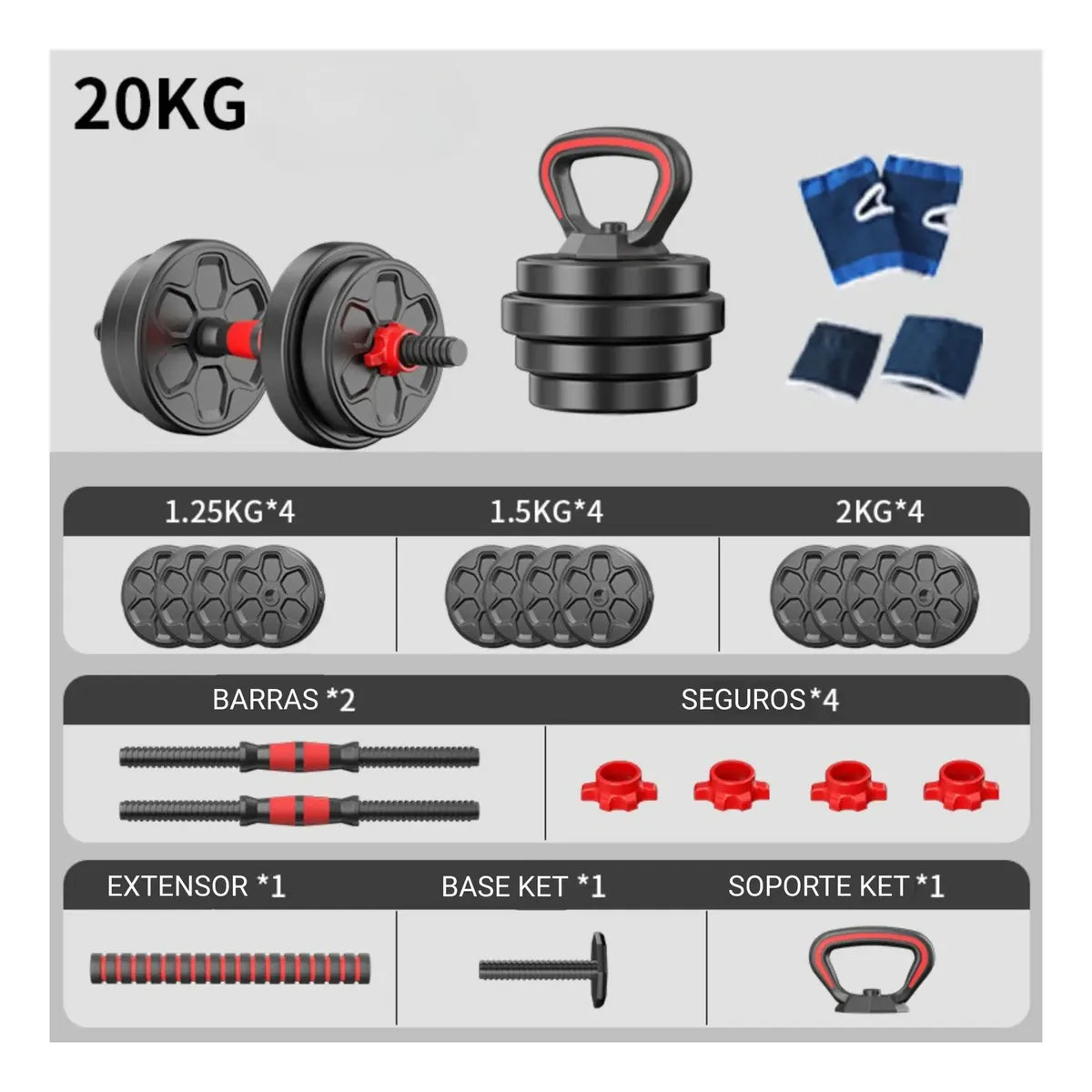 SET MANCUERNAS BARRA AJUSTABLES 20 KG 3 EN 1 MULTIFUNCIONAL