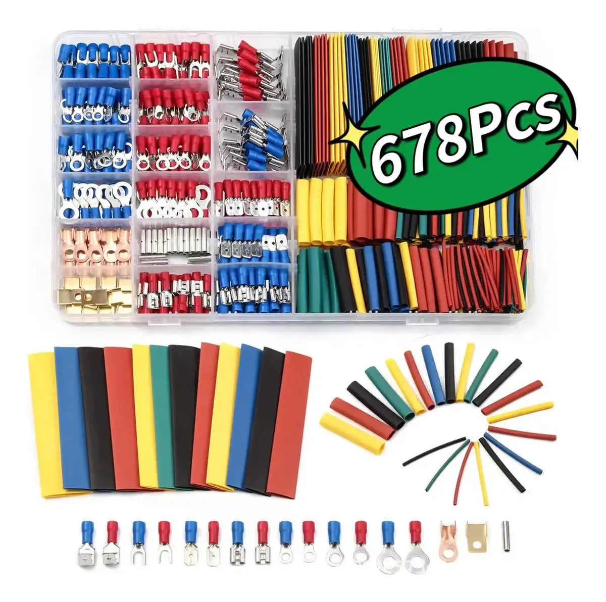 KIT 678 PCS TUBOS TERMOCONTRAÍBLES Y TERMINALES ELÉCTRICOS MULTICOLOR CON CAJA ORGANIZADORA