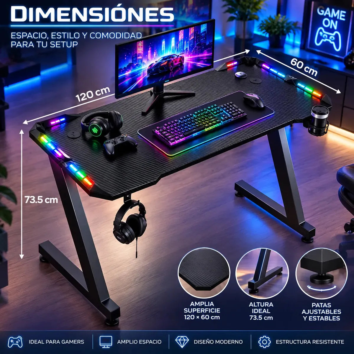 ESCRITORIO GAMER 120 CM CON ILUMINACIÓN LED RGB