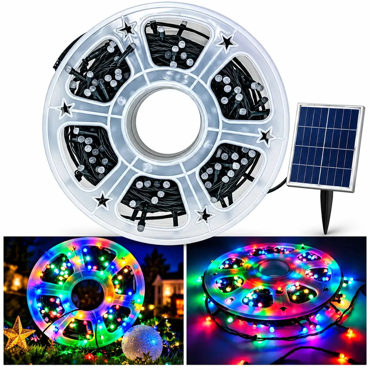 ROLLO DE LUCES LED SOLARES MULTICOLOR 50 METROS - 300 LED PARA EXTERIOR E INTERIOR