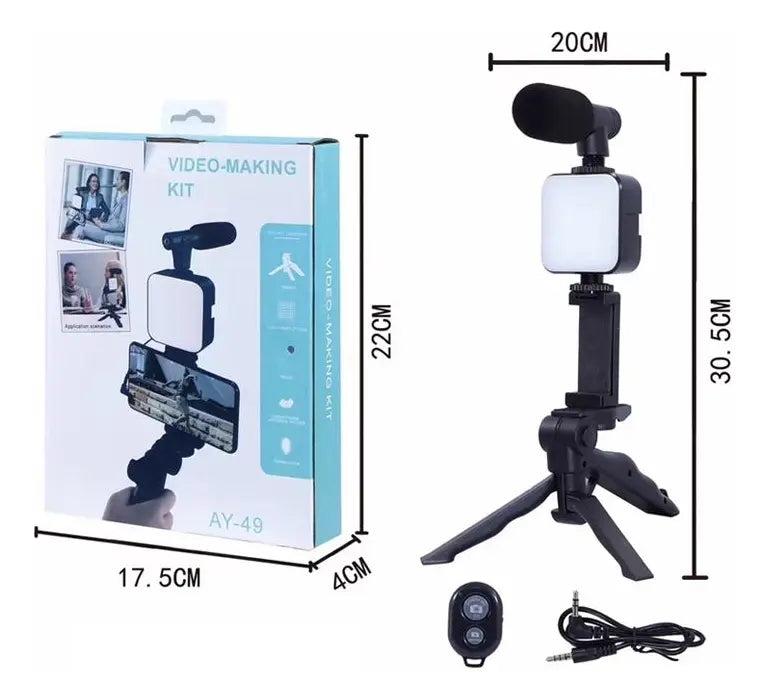KIT VIDEO MAKER PROFESIONAL 3 EN 1 PARA CELULAR -LUZ LED + MICRÓFONO + TRÍPODE