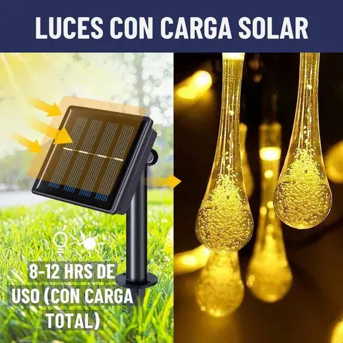 GUIRNALDA SOLAR LED 30 GOTAS LUZ CÁLIDA AMARILLA 6,5 METROS IP65 PARA EXTERIOR