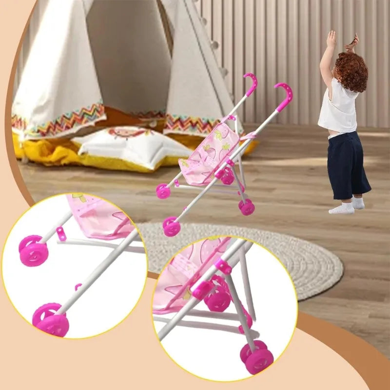 COCHE PARA MUÑECAS INFANTIL 33 CM - PLEGABLE ROSADO