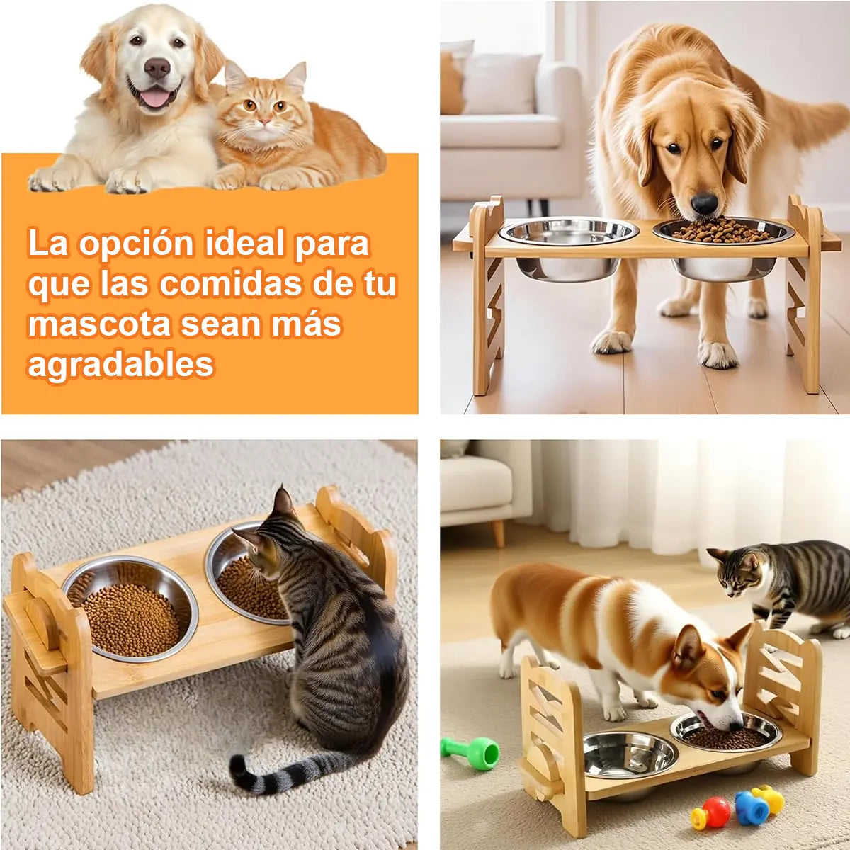 COMEDERO ELEVADO AJUSTABLE PARA MASCOTAS CON 2 PLATOS DE ACERO INOXIDABLE