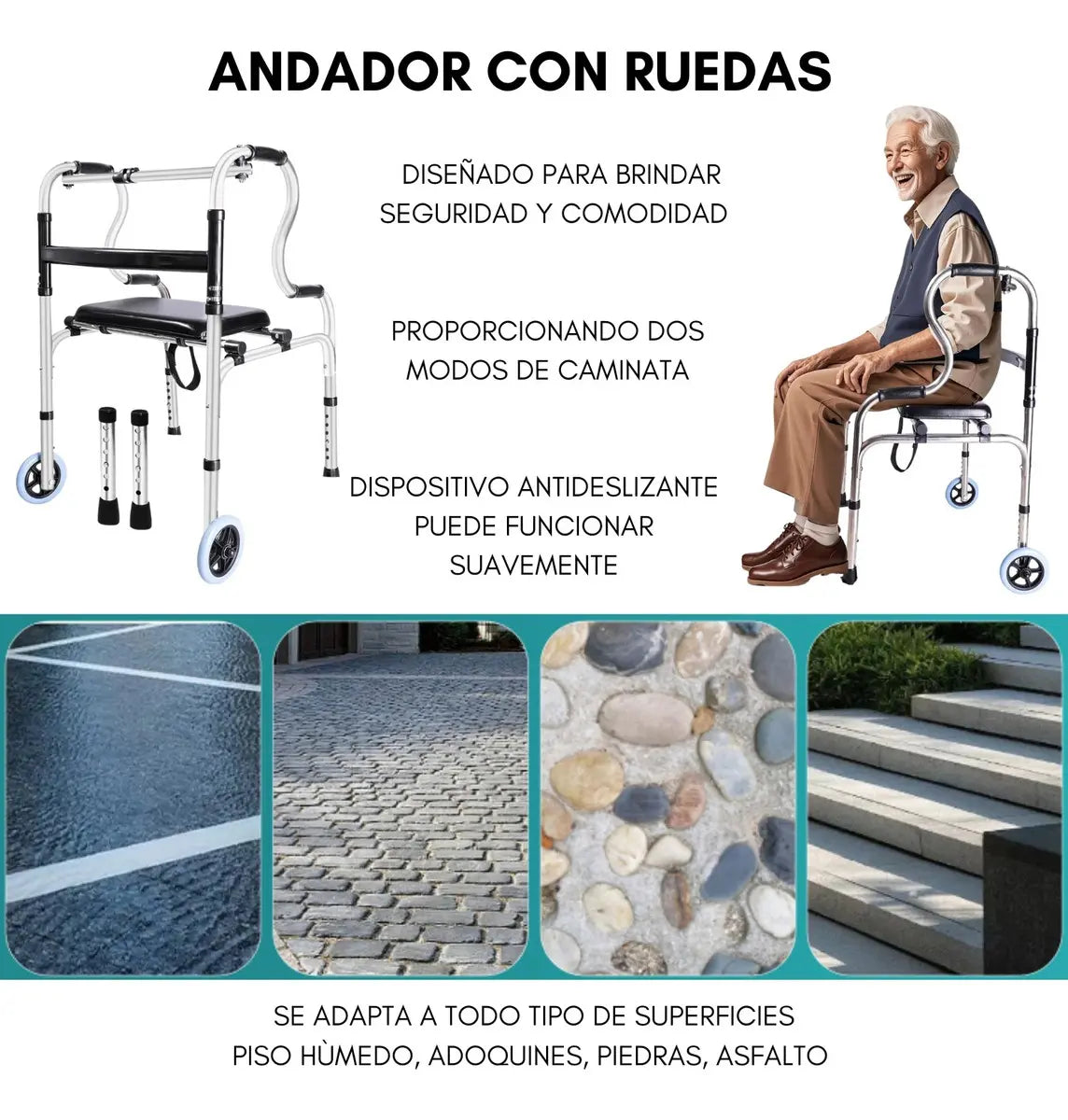 ANDADOR ORTOPÉDICO PLEGABLE CON ASIENTO Y RUEDAS | REGULABLE ADULTO MAYOR PREMIUM