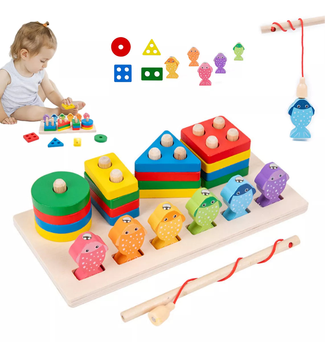 TABLERO JUGUETE DIDÁCTICO MONTESSORI DE MADERA -ANIMALES Y PESCA MAGNÉTICA