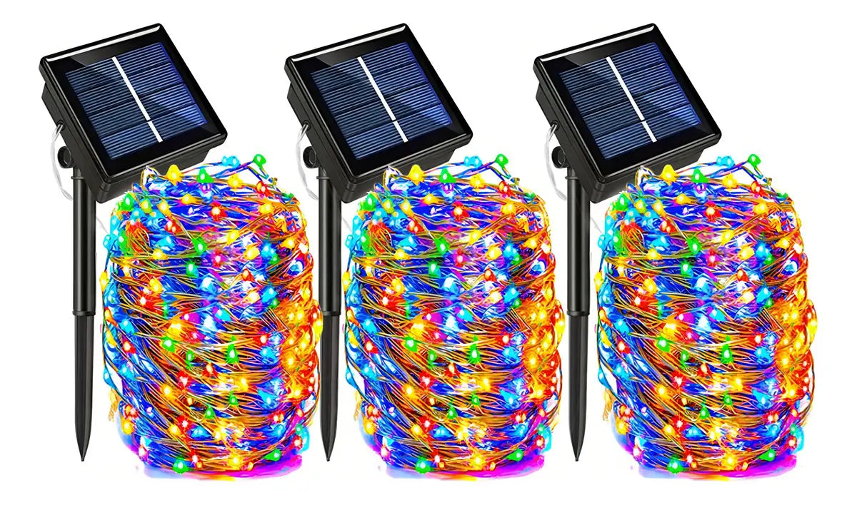 PACK DE 3 GUIRNALDAS DE HADAS MULTICOLOR - 100 LED, 10 METROS C/U, ENERGÍA SOLAR