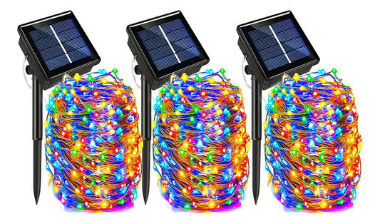 PACK DE 3 GUIRNALDAS DE HADAS MULTICOLOR - 100 LED, 10 METROS C/U, ENERGÍA SOLAR