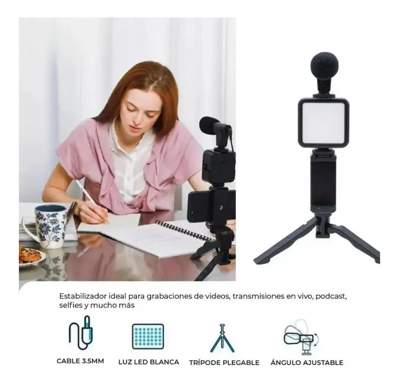 KIT VIDEO MAKER PROFESIONAL 3 EN 1 PARA CELULAR -LUZ LED + MICRÓFONO + TRÍPODE