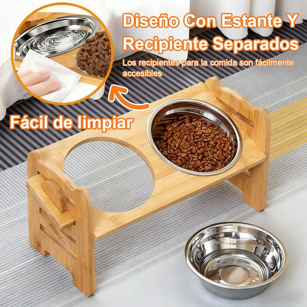 COMEDERO ELEVADO AJUSTABLE PARA MASCOTAS CON 2 PLATOS DE ACERO INOXIDABLE