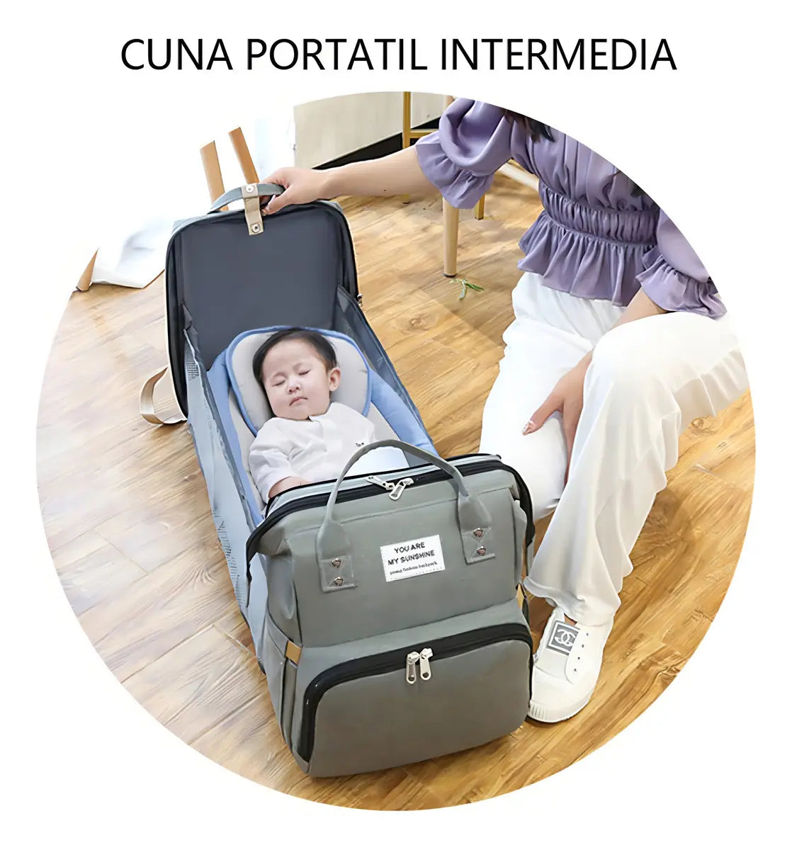 MOCHILA PAÑALERA 3 EN 1 CUNA Y MUDADOR PORTÁTIL IMPERMEABLE GRIS
