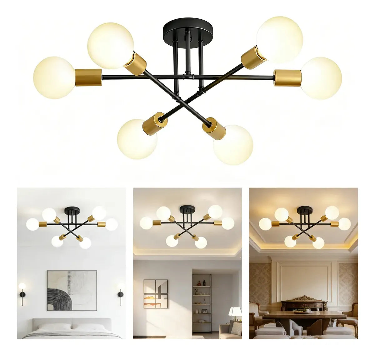 LÁMPARA DE TECHO MODERNA 6 LUCES E27 NEGRO Y DORADO