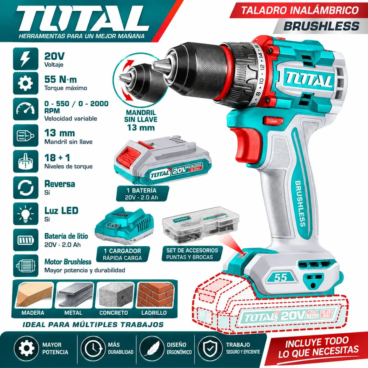 TALADRO ATORNILLADOR TOTAL 20V 55 Nm 1/2" BRUSHLESS + BATERÍA + CARGADOR + ACCESORIOS
