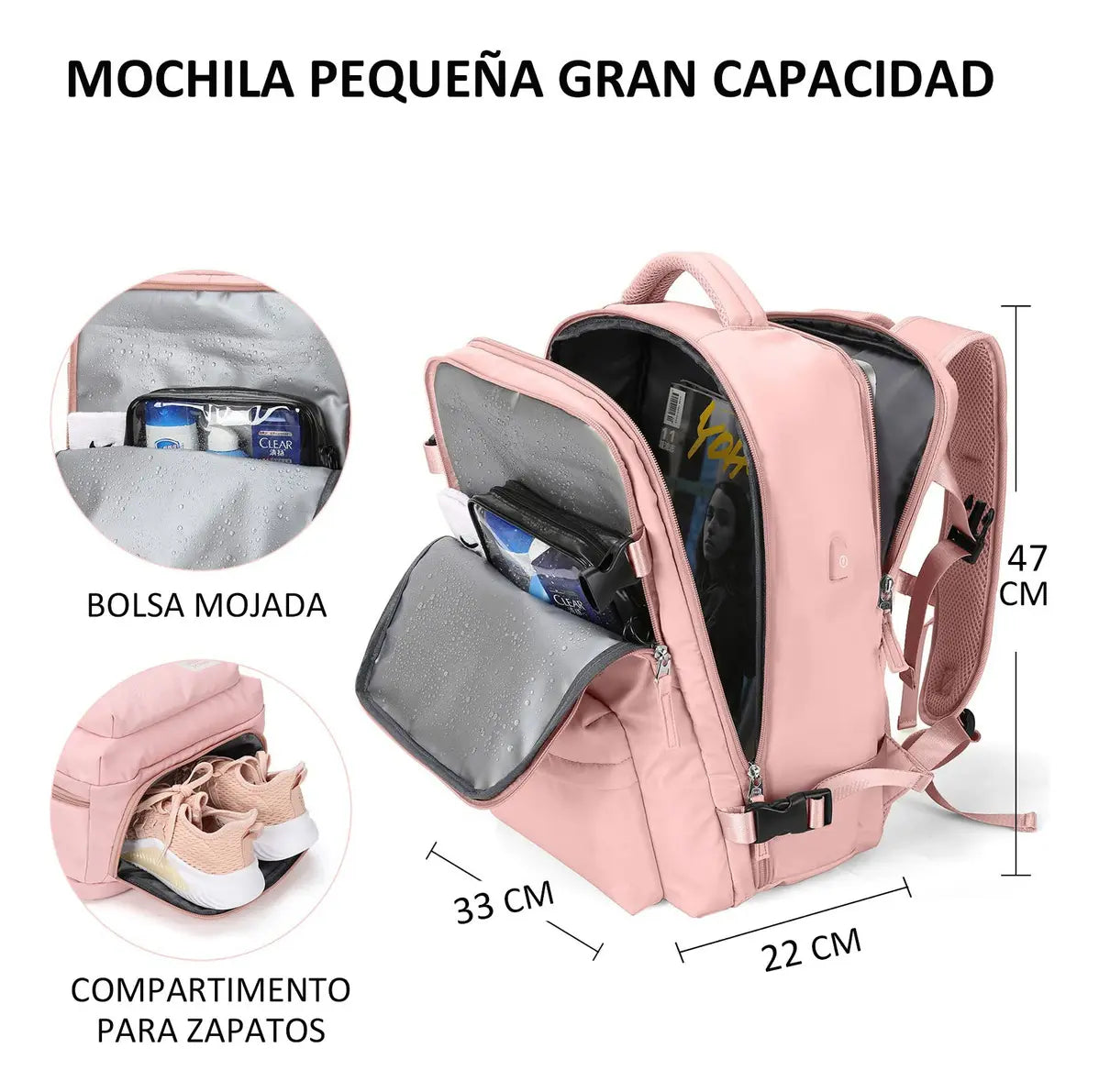 MOCHILA DE VIAJE GRAN CAPACIDAD USB PUERTO ROSA DISEÑO LISO